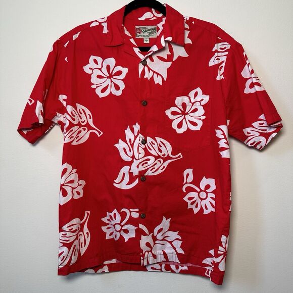 Hilo Hattie Hawaiian Shirt Red White Floral Print Short Sleeve USA Men’s Small - Picture 1 of 6